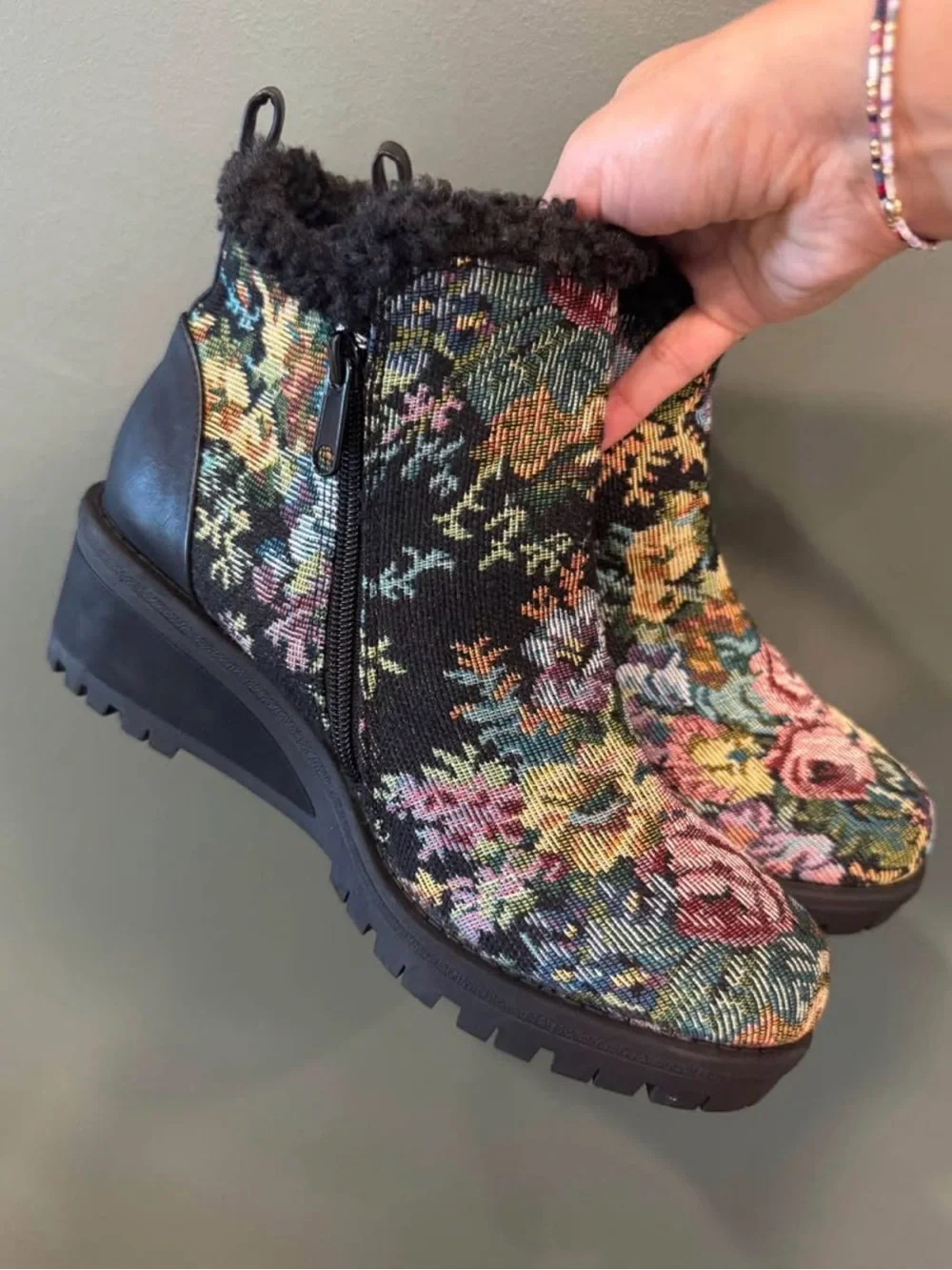 Muk Luks Floral Knit Ankle Boots with Faux Fur Trim - Black/Multi